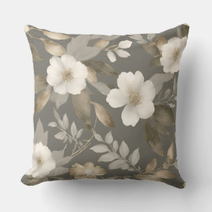 Neutral Grey Beige Cream Modern Farmhouse Floral Throw Pillow