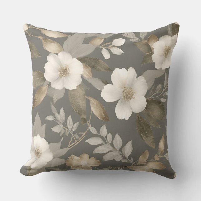 Neutral Grey Beige Cream Modern Farmhouse Floral Throw Pillow (Front)