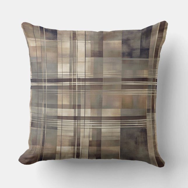 Neutral Grey Beige Farmhouse Plaid Throw Pillow (Front)