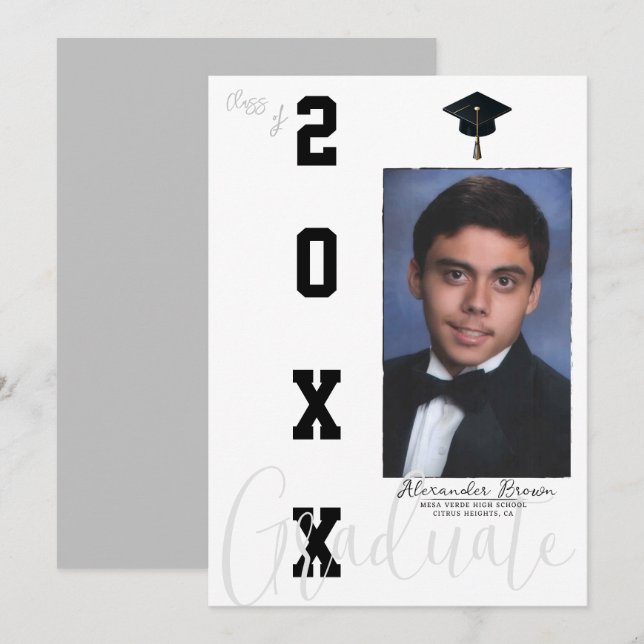 Neutral Grey Black Graduation Photo Announcement   (Front/Back)