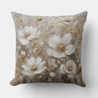 Neutral Grey Gold Floral Home Decor Throw Pillow