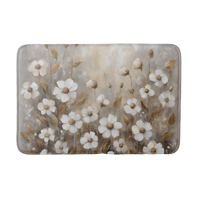 Neutral Grey Gold Taupe Floral Bath Mat (Front)