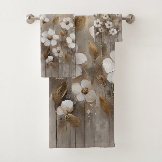 Neutral Grey Gold Taupe Floral Bath Towel Set (Insitu)