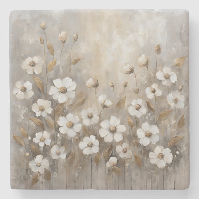 Neutral Grey Gold Taupe Floral Stone Coaster (Front)