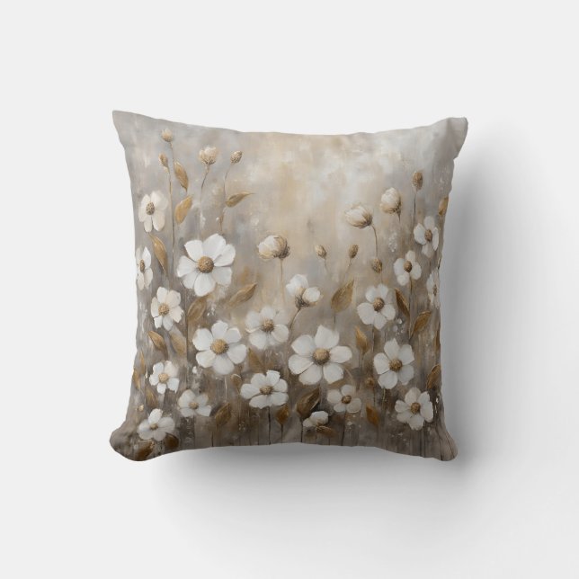Neutral Grey Gold Taupe Floral Throw Pillow (Front)