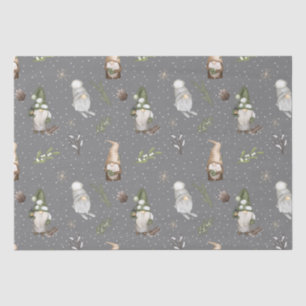 Neutral Grey Snowy Forest Christmas Gnomes Pattern Tissue Paper
