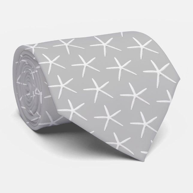 Neutral Grey Starfish Patterned Grooms Tie (Rolled)