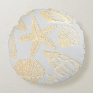 Neutral Grey Tan Beige Seashell Shells Beach House Round Pillow