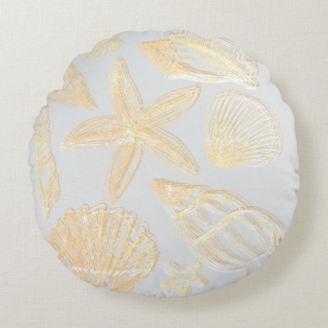 Neutral Grey Tan Beige Seashell Shells Beach House Round Pillow (Front)