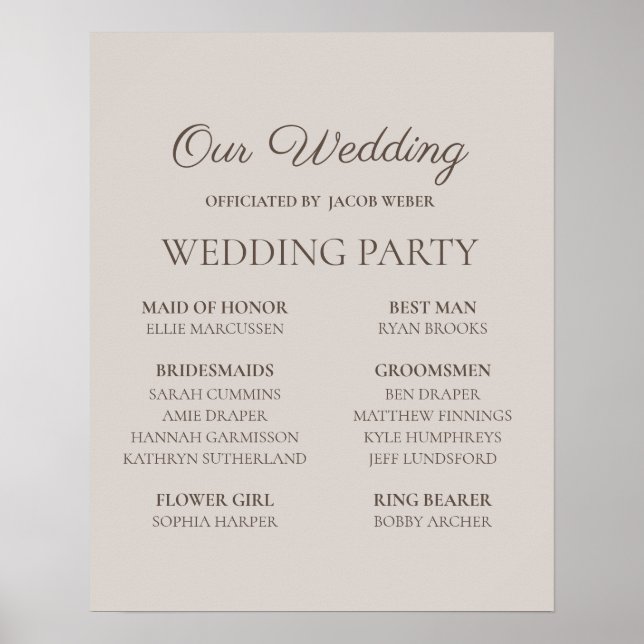 Neutral Grey Wedding Party Names Sign  (Front)
