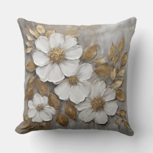 Neutral Grey White Gold Flowers Throw Pillow