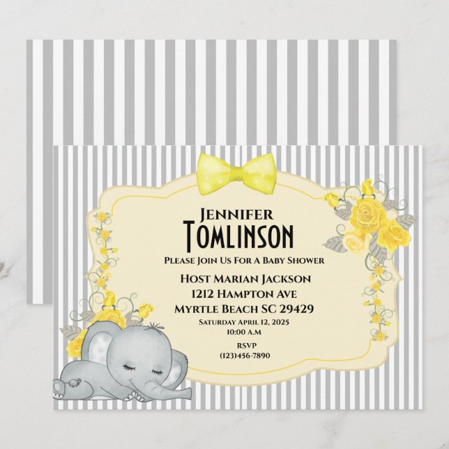 Neutral  Grey Yellow Floral Baby Shower Invitation (Front/Back)