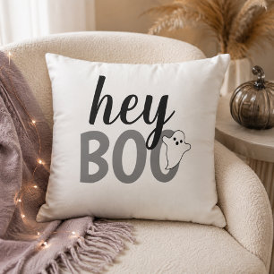 Neutral Hey Boo Grey Ghost Black White Throw Pillow