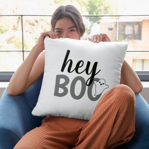 Neutral Hey Boo Grey Ghost Black White Throw Pillow