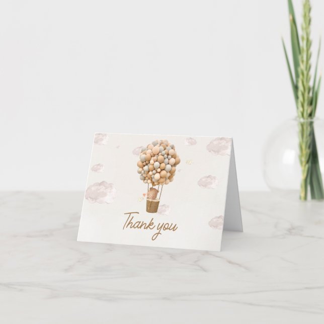 Neutral Hot Air Balloon Up and Away Baby Shower Thank You Card (Front)