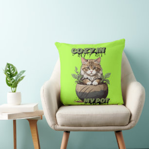 Neutral Hues Playful Cat in Pot Throw Pillow