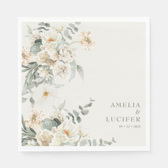 Neutral Ivory Floral Sage green Wedding Napkin (Front)