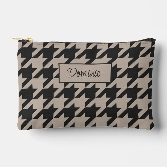 Neutral Ivory Taupe Beige Houndstooth Pattern Accessory Pouch (Front)