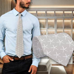 Neutral Light Taupe Starfish Patterned Grooms Tie