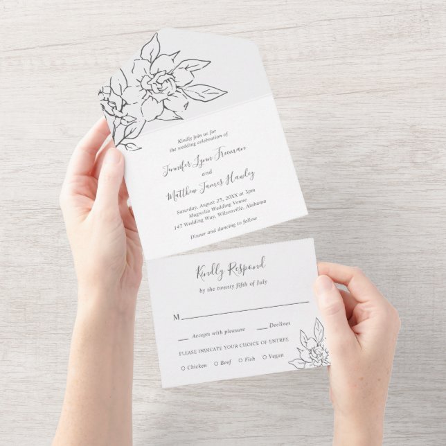 Neutral Line Art Floral Elegant Wedding All In One Invitation (Tearaway)