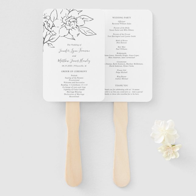 Neutral Line Art Floral Elegant Wedding Program Hand Fan (Front and Back)