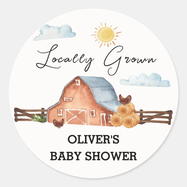 Neutral Locally Grown Farm Barn Baby Shower  Classic Round Sticker (Front)