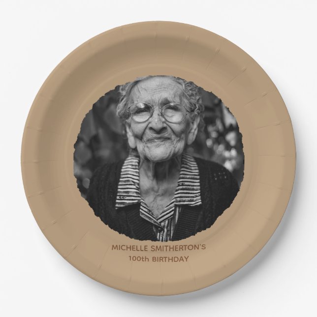 Neutral Milestone 100th Birthday Photo Paper Plate (Front)