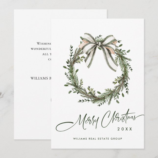 Neutral Minimalist Boho Christmas Wreath Corporate Holiday Card (Front/Back)