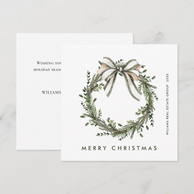 Neutral Minimalist Boho Christmas Wreath Corporate Holiday Card (Front/Back)