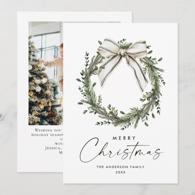 Neutral Minimalist Boho Christmas Wreath Photo Holiday Card (Front/Back)