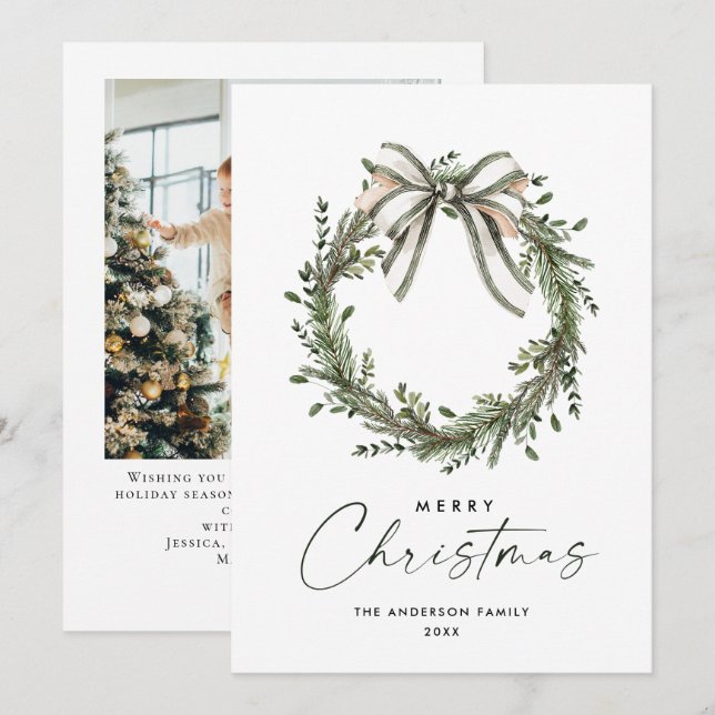 Neutral Minimalist Boho Christmas Wreath Photo Holiday Card (Front/Back)