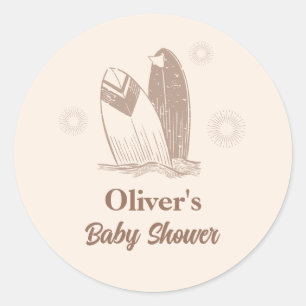 Neutral Minimalist Boho Surfboard Baby Shower  Classic Round Sticker