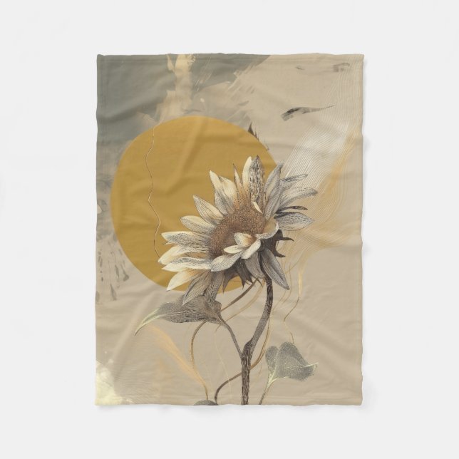Neutral Minimalist Sunflower Outline Fleece Blanket (Front)
