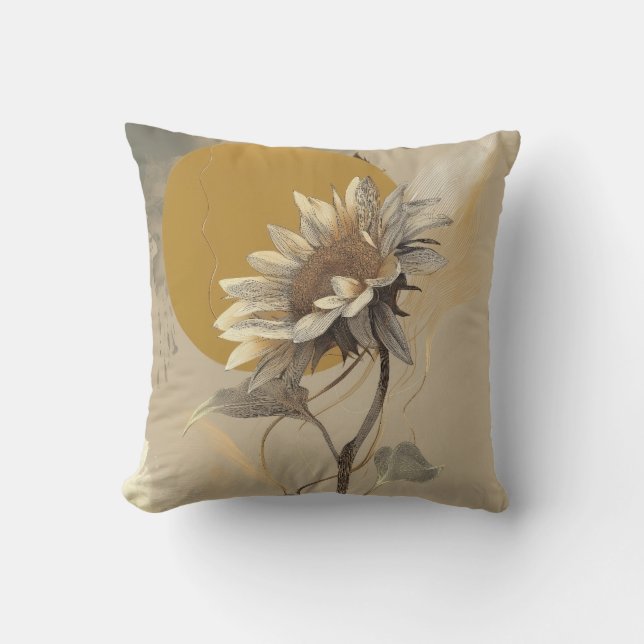 Neutral Minimalist Sunflower Outline Throw Pillow (Front)