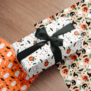 Neutral Mixed Halloween Patterns Ghost Pumpkins Wrapping Paper Sheet