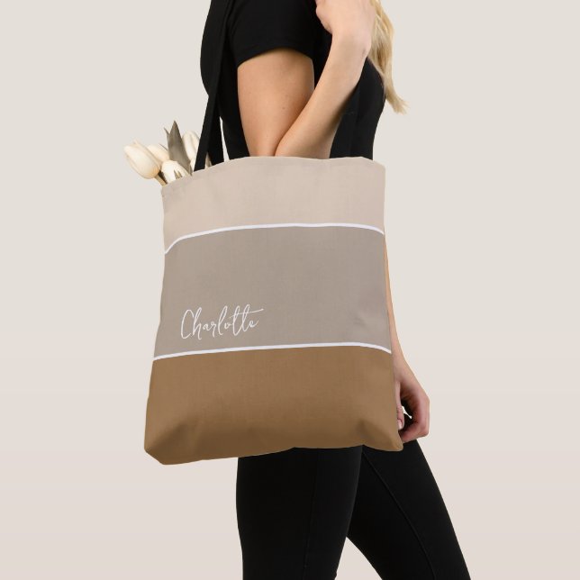 Neutral Modern Colour Block Stripes Personalized   Tote Bag (Close Up)