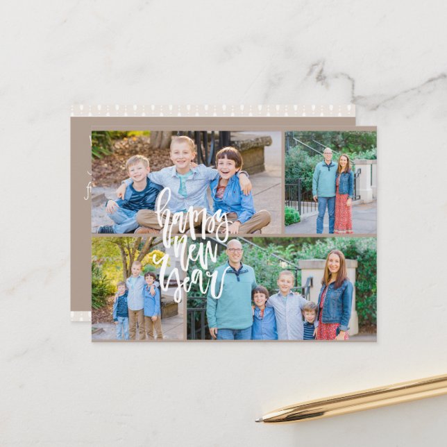 Neutral Modern Minimalist Four-Photo New Years Holiday Postcard (Front/Back In Situ)