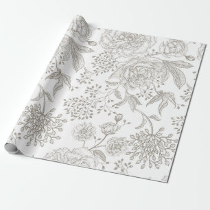 Neutral monochrome grey vintage flowers  wrapping paper