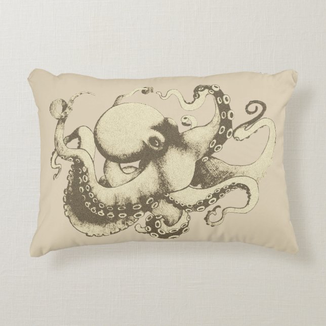 Neutral Nautical Vintage Octopus Accent Pillow (Front)