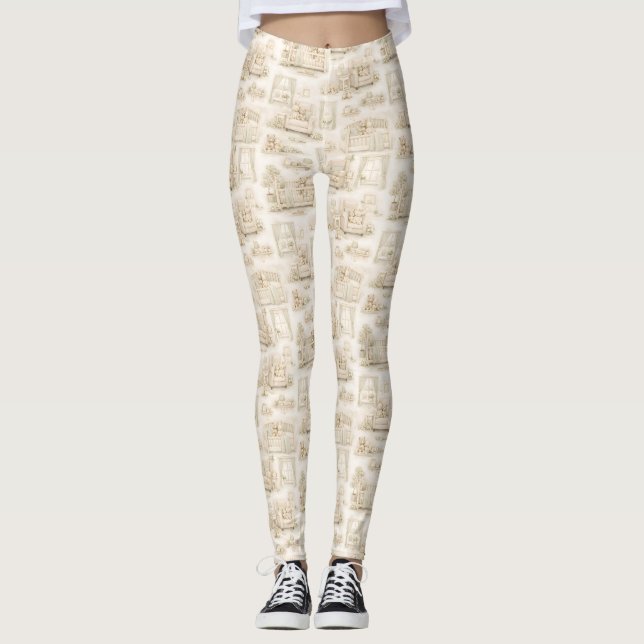 Neutral Nursery Teddy Bear Room Beige Pattern Leggings (Front)