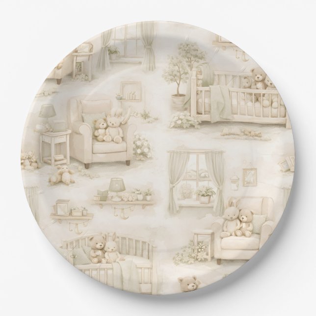 Neutral Nursery Teddy Bear Room Beige Pattern Paper Plate (Front)