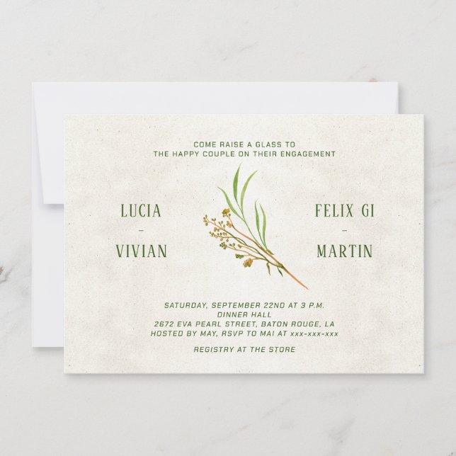 Neutral ochre Cream Green Rustic Engagement Party Invitation (Front)