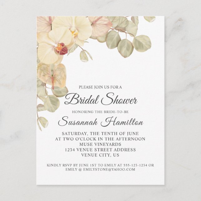 Neutral Orchids and Eucalyptus Bridal Shower Postcard (Front)