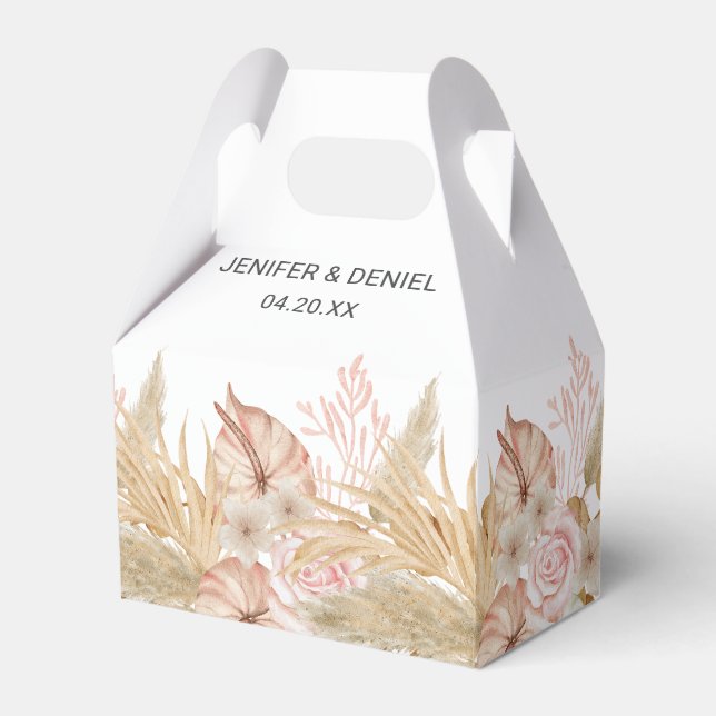 Neutral Palm and Pampas Flower Decor Wedding Favor Box (Front Side)