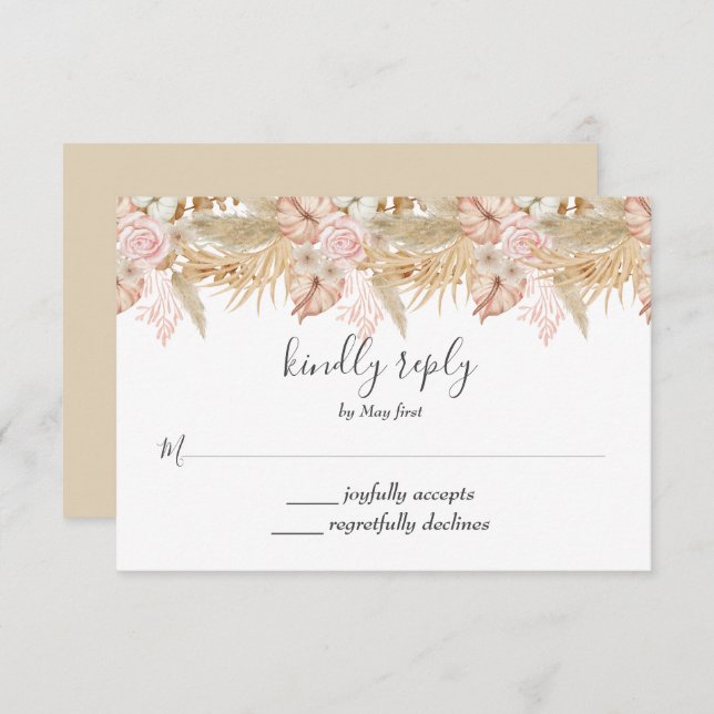 Neutral Palm and Pampas Flower Decor Wedding RSVP Card (Front/Back)