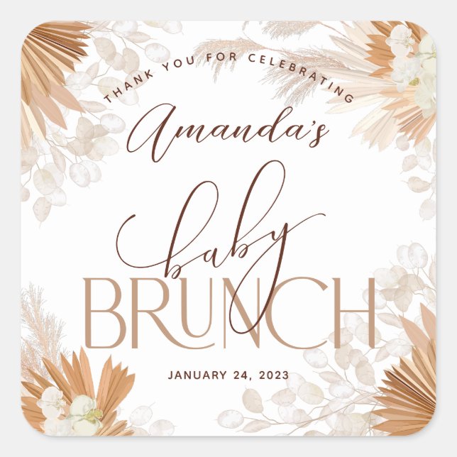 Neutral Pampas Baby Brunch Thank You Square Sticker (Front)