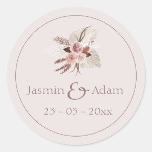 Neutral Pampas Floral Boho Wedding Classic Round Sticker