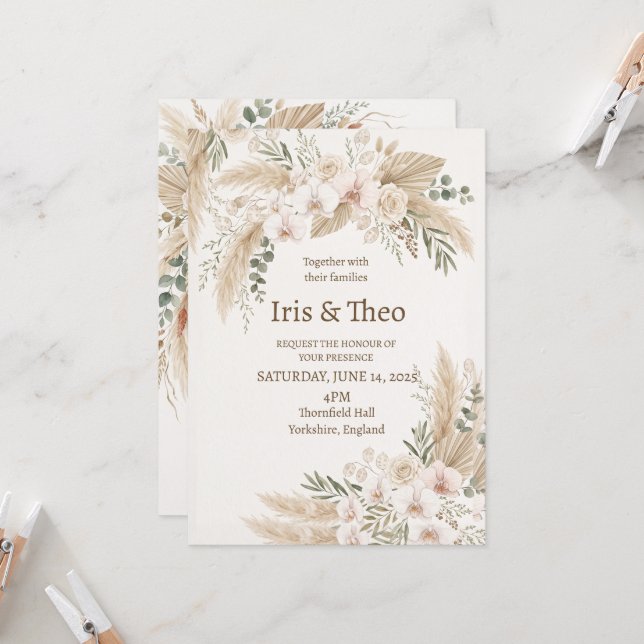Neutral Pampas Floral Wedding Invitation (Front/Back In Situ)