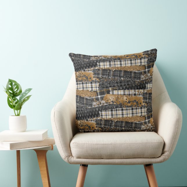 Neutral Patchwork Plaid  Throw Pillow (Chair)