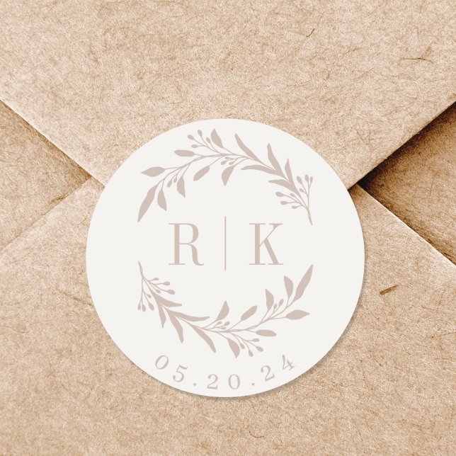 Neutral Pink Botanical Initials Wedding Logo Classic Round Sticker (Creator Uploaded)